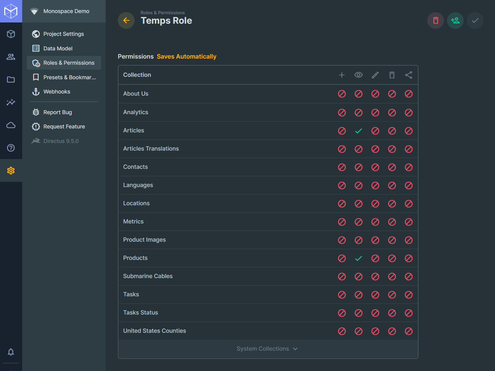 Directus Temps Role Permissions