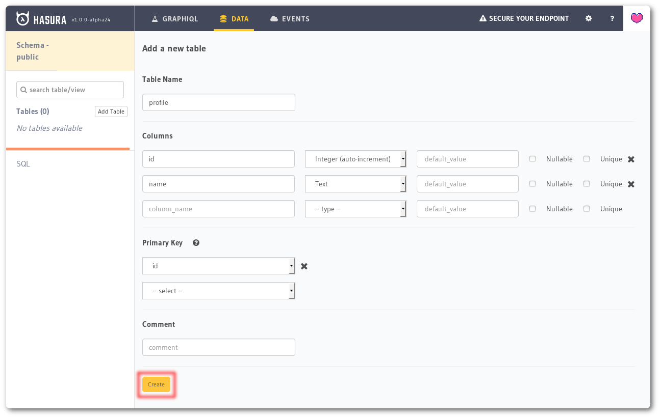 Hasura console - create table