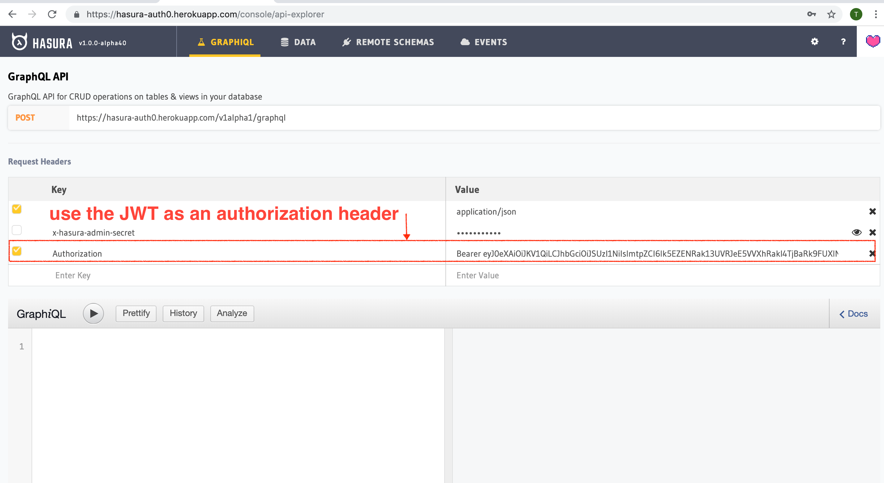 JWT token used as bearer token on hasura console