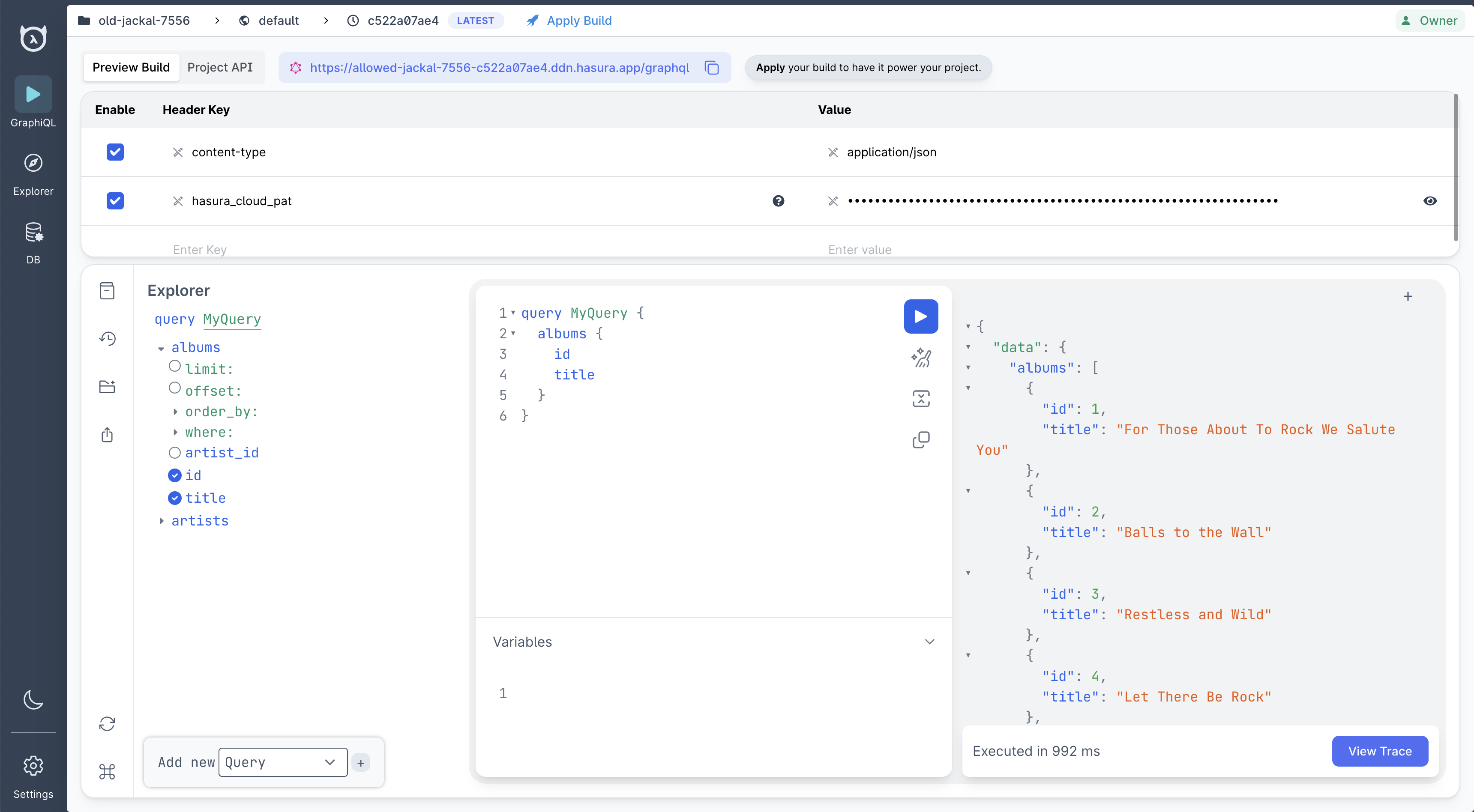 A working query in the Hasura DDN Console