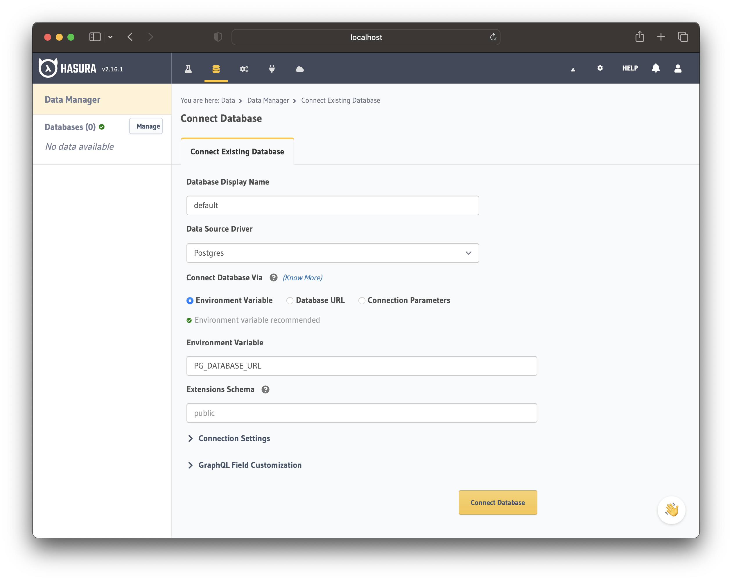 Hasura Console Connect DB