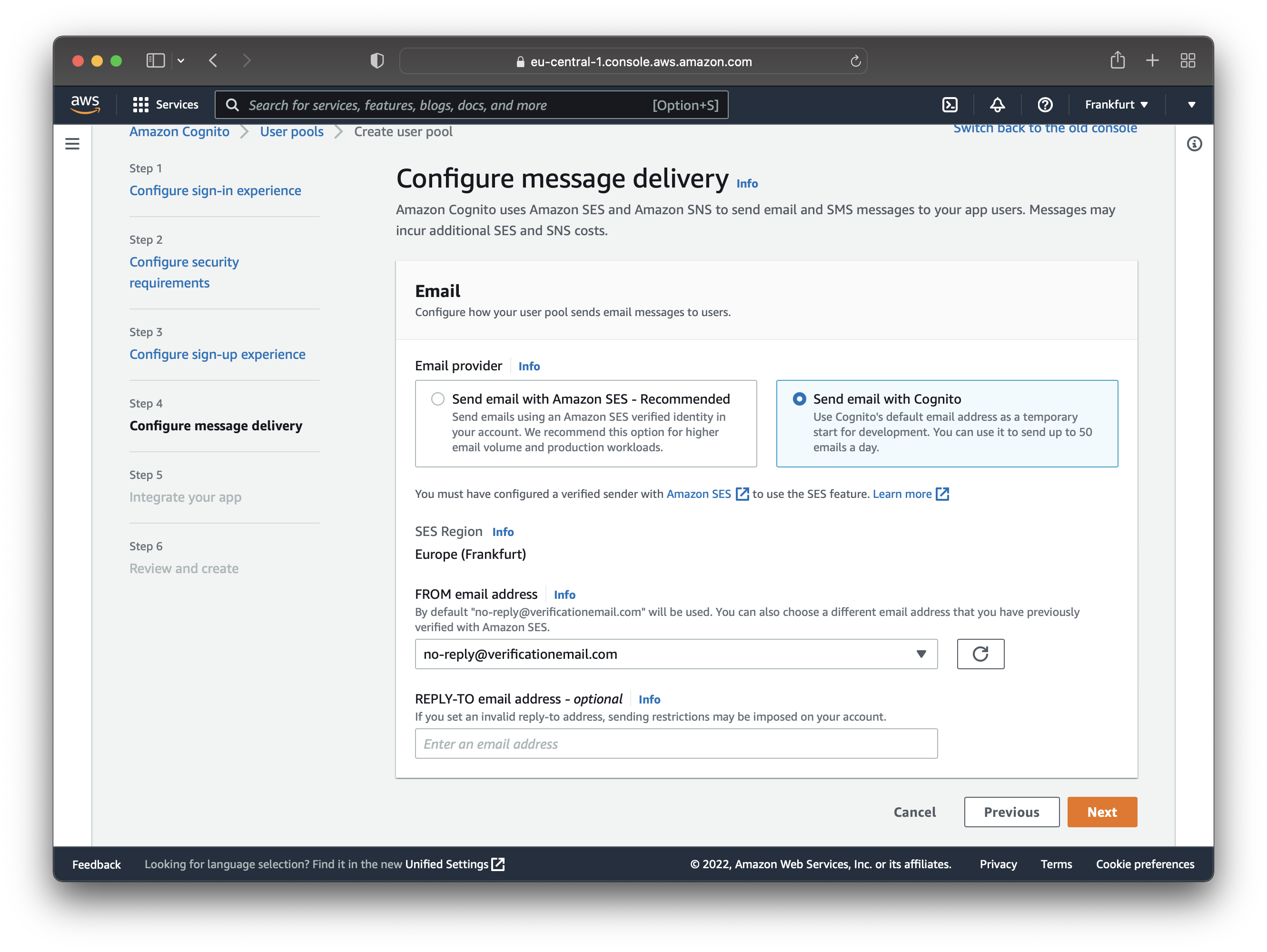 AWS Cognito Configure Message Delivery