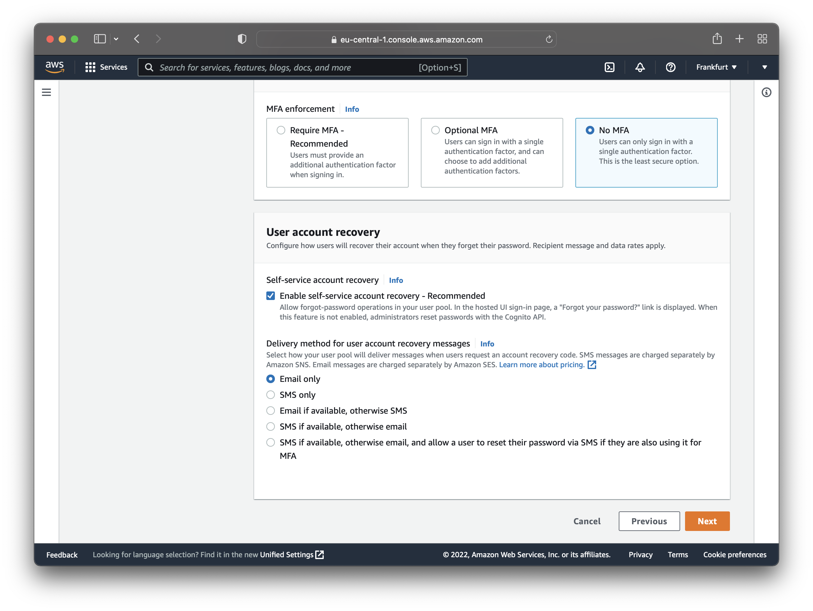AWS Cognito Configure Security Requirements