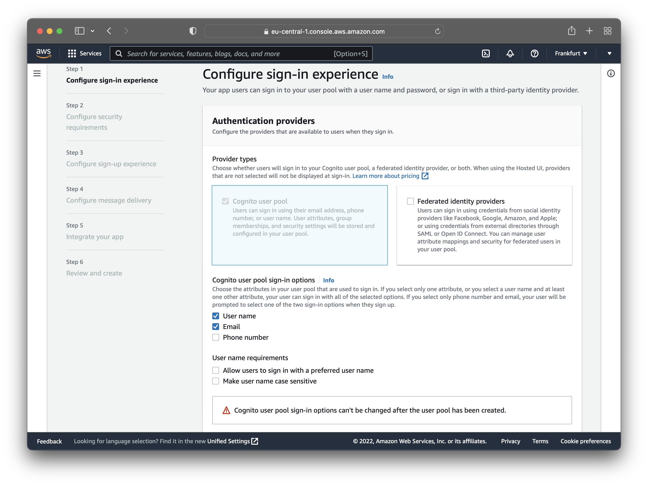 AWS Cognito Configure Sign-In Experience