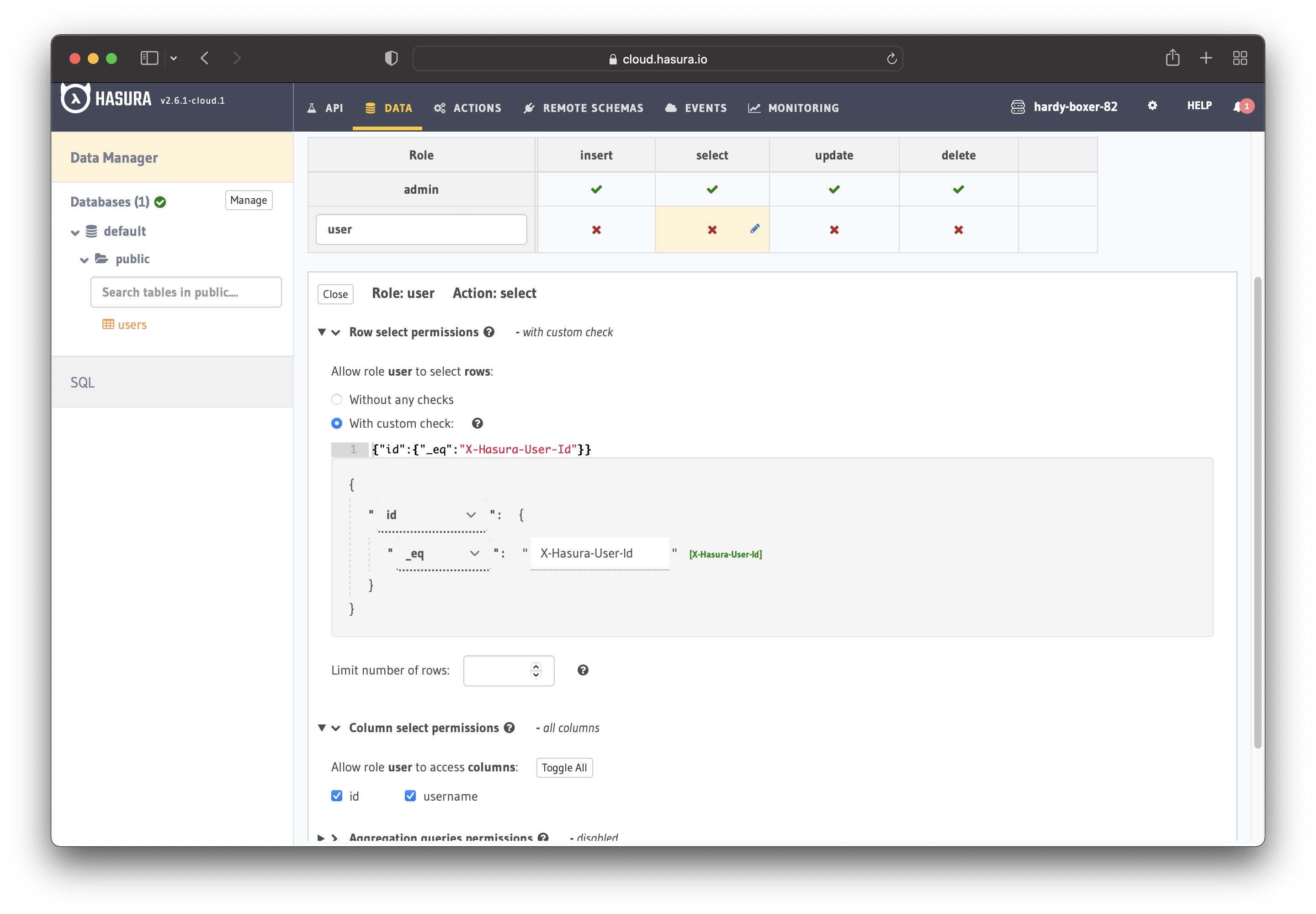 Imagen mostrando cómo configurar permisos en Hasura