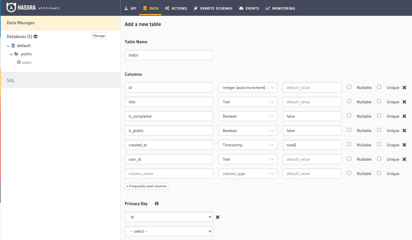 Create table users