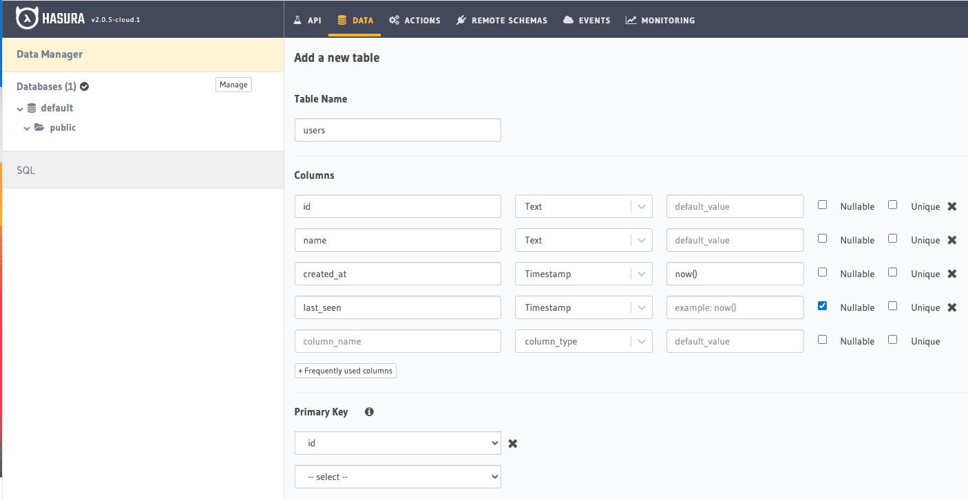 Create table users