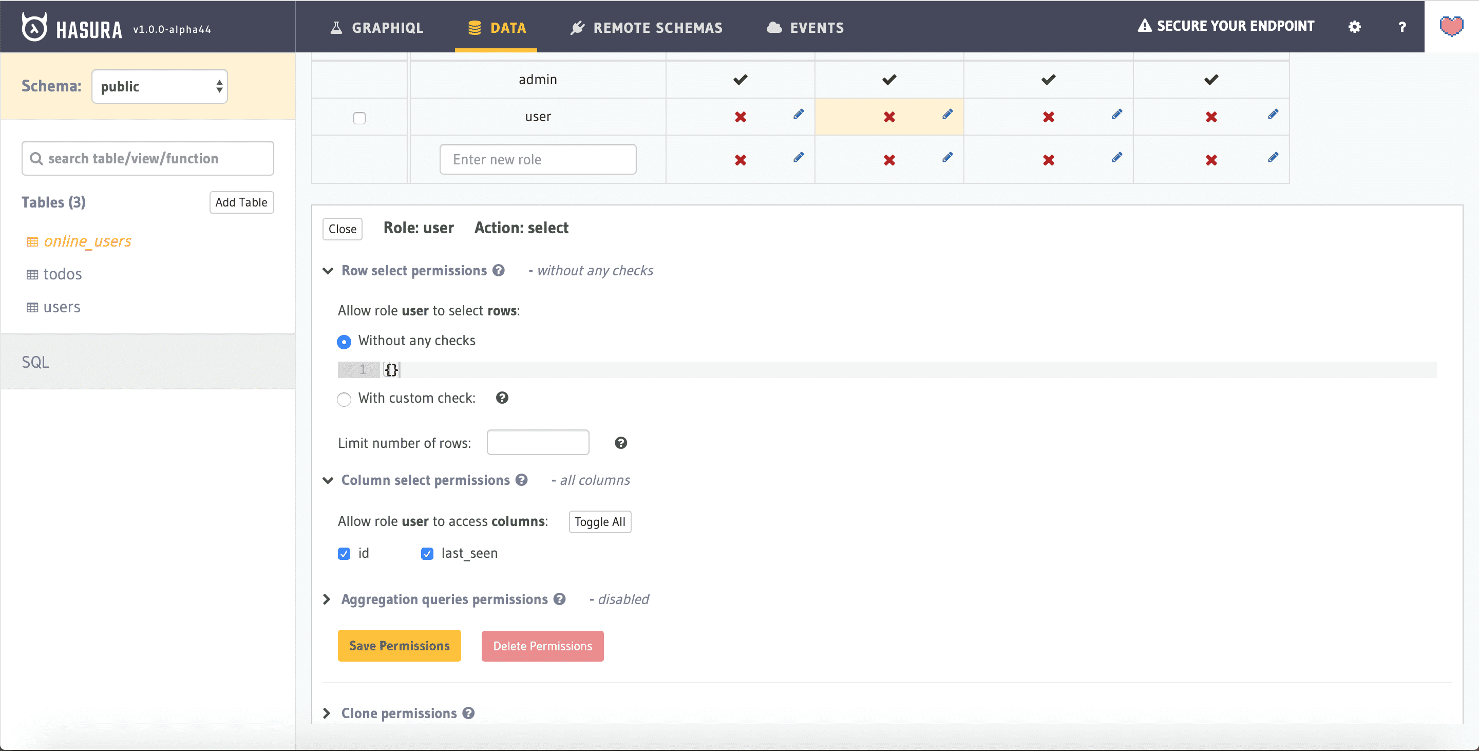 online_usersビューの閲覧権限