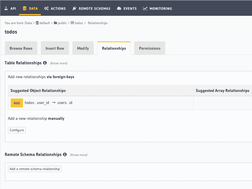 Página de relaciones de tareas pendientes